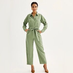 Nine West Women’s Utility Jumpsuit Olive Green Belted Long Sleeve Women’s Medium